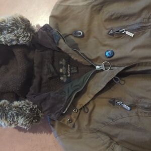 Barbour Army Green Hooded Parka with Faux Fur Trim
